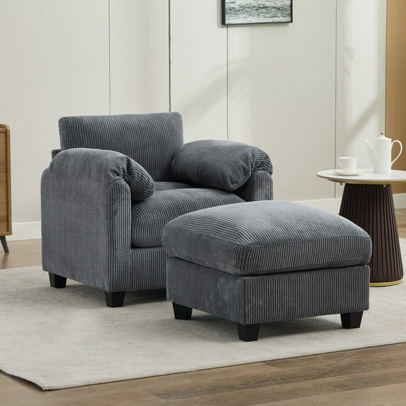 JUSTLET Lounge Chair with Ottoman, Corduroy Accent Armchair Single Sofa for Living Room Bedroom Reading Room, Dark Gray