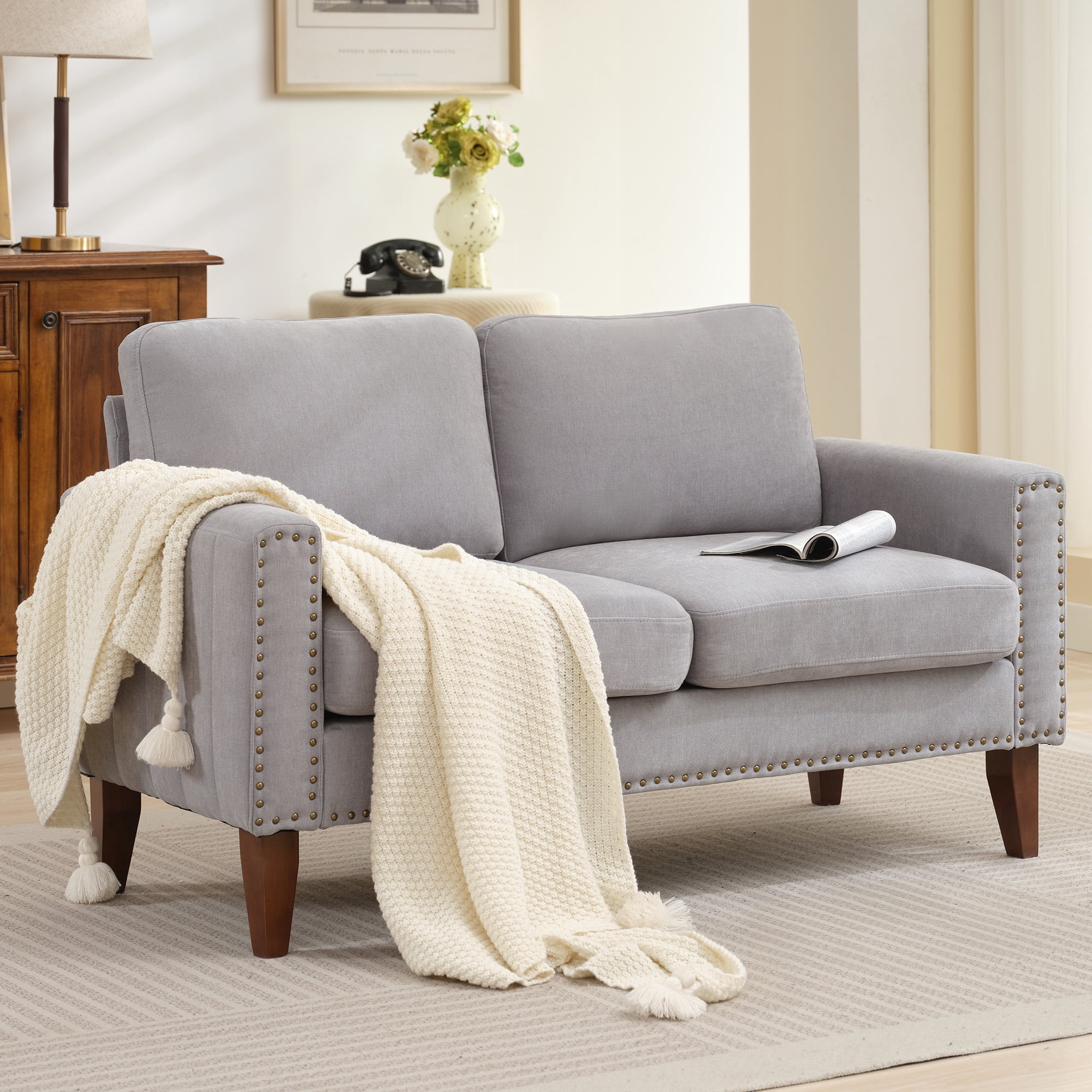 JUSTLET Loveseat Sofa, Small Couch for Living Room, Comfy Love Seat with Wood Legs and Square Arm, Mid Century Modern 2-Seater Sofa Couch for Small Spaces Apartment Home Office, Gray