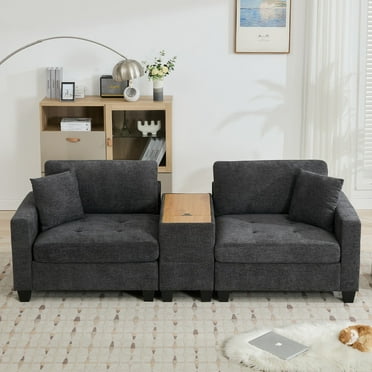 JUSTLET Sofa Couch with Storage Coffee Table, 97.64" Modern Chenille Sofa with Matching Movable Side Table for Living Room Bedroom Apartment, Dark Gray