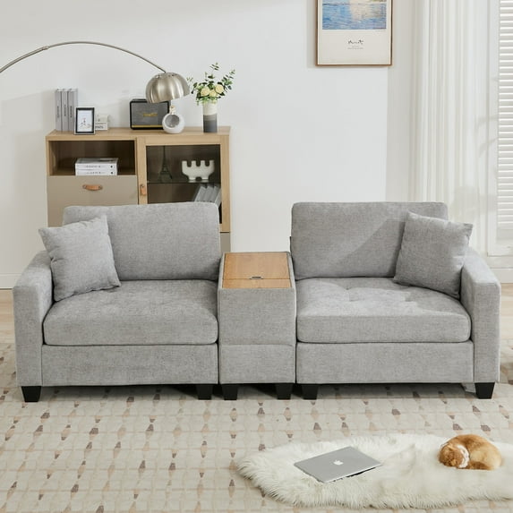 JUSTLET Sofa Couch with Storage Coffee Table, 97.64" Modern Chenille Sofa with Matching Movable Side Table for Living Room Bedroom Apartment, Light Gray