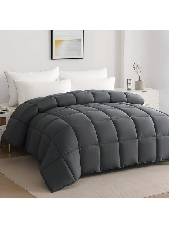 JUSTLET Luxury Solid Down Alternative Machine Washable Gray Comforters, Queen