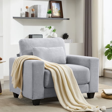 JUSTLET Modern Accent Chair, Corduroy Armchair, Upholstered Single Sofa Chair and a Half with Pillow for Living Room Bedroom Furniture, Light Gray
