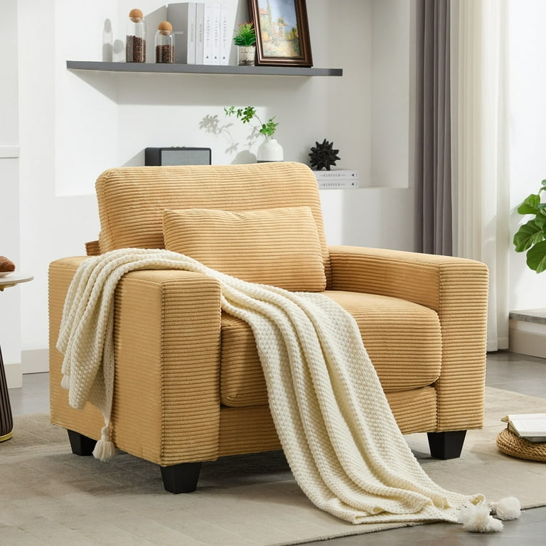 Justlet Modern Accent Chair Corduroy Armchair Upholstered Single Sofa Chair and A Half with Pillow for Living Room Bedroom Furniture Yellow Size