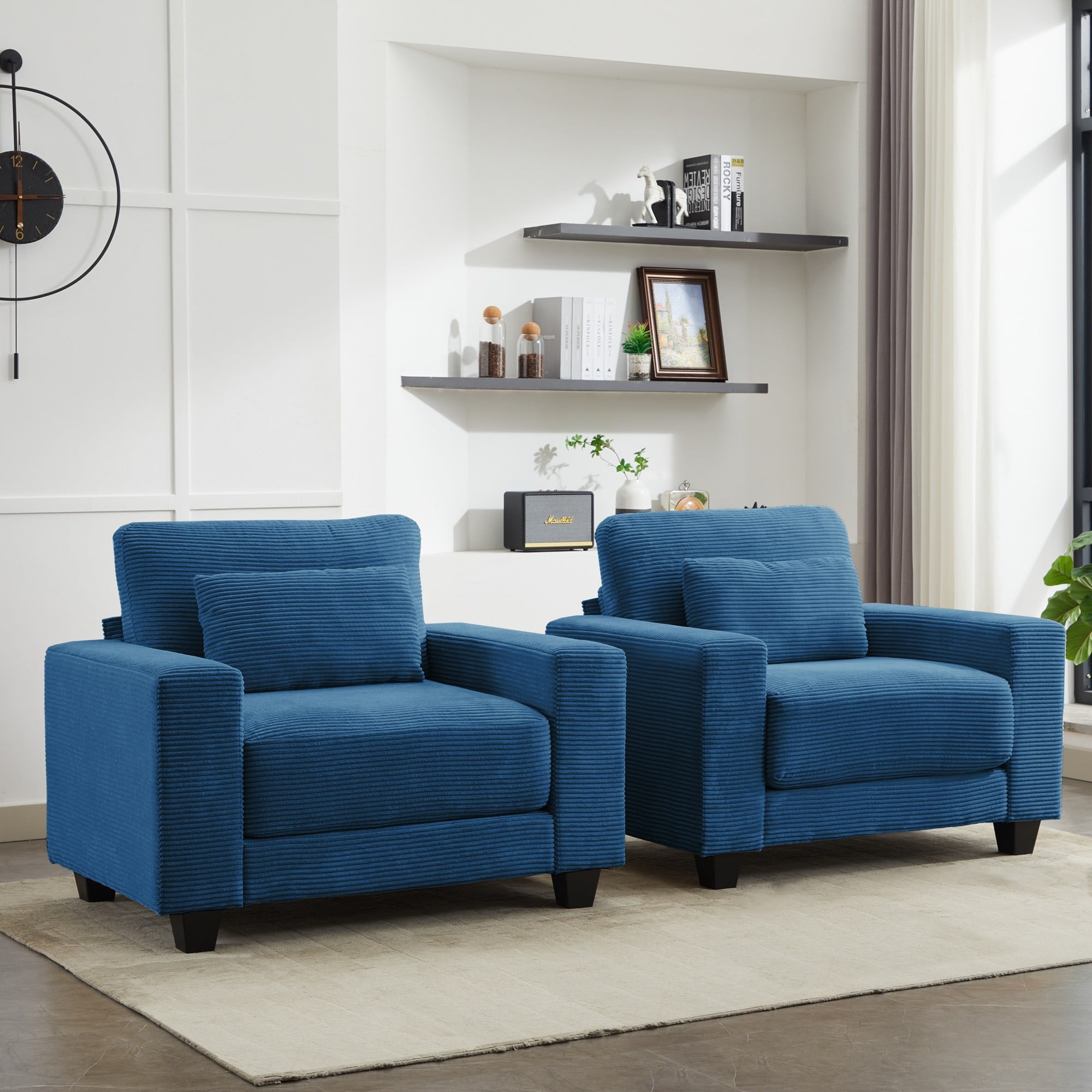 JUSTLET Modern Accent Chair Set of 2 Corduroy Armchair Upholstered Single Sofa Chair and a Half with Pillow for Living Room Bedroom Furniture Blue
