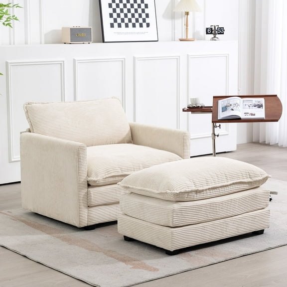 JUSTLET Modern Corduroy Accent Armchair with Ottoman for Bedroom Living Reading Room Office, Beige