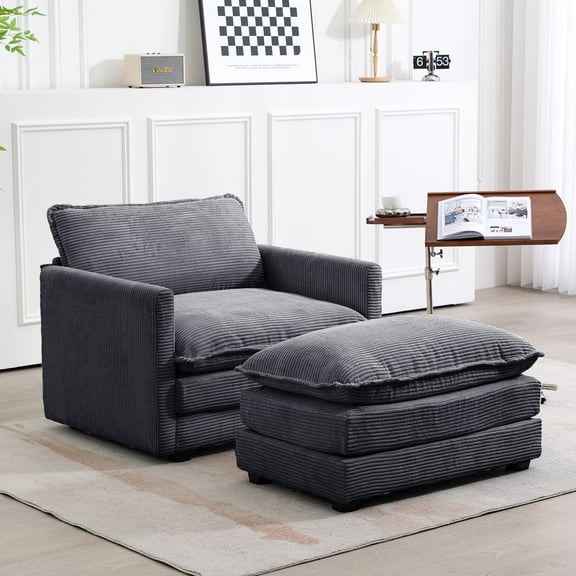 JUSTLET Modern Corduroy Accent Armchair with Ottoman for Bedroom Living Reading Room Office, Dark Gray