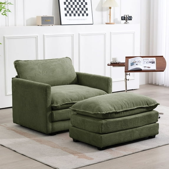 JUSTLET Modern Corduroy Accent Armchair with Ottoman for Bedroom Living Reading Room Office, Green