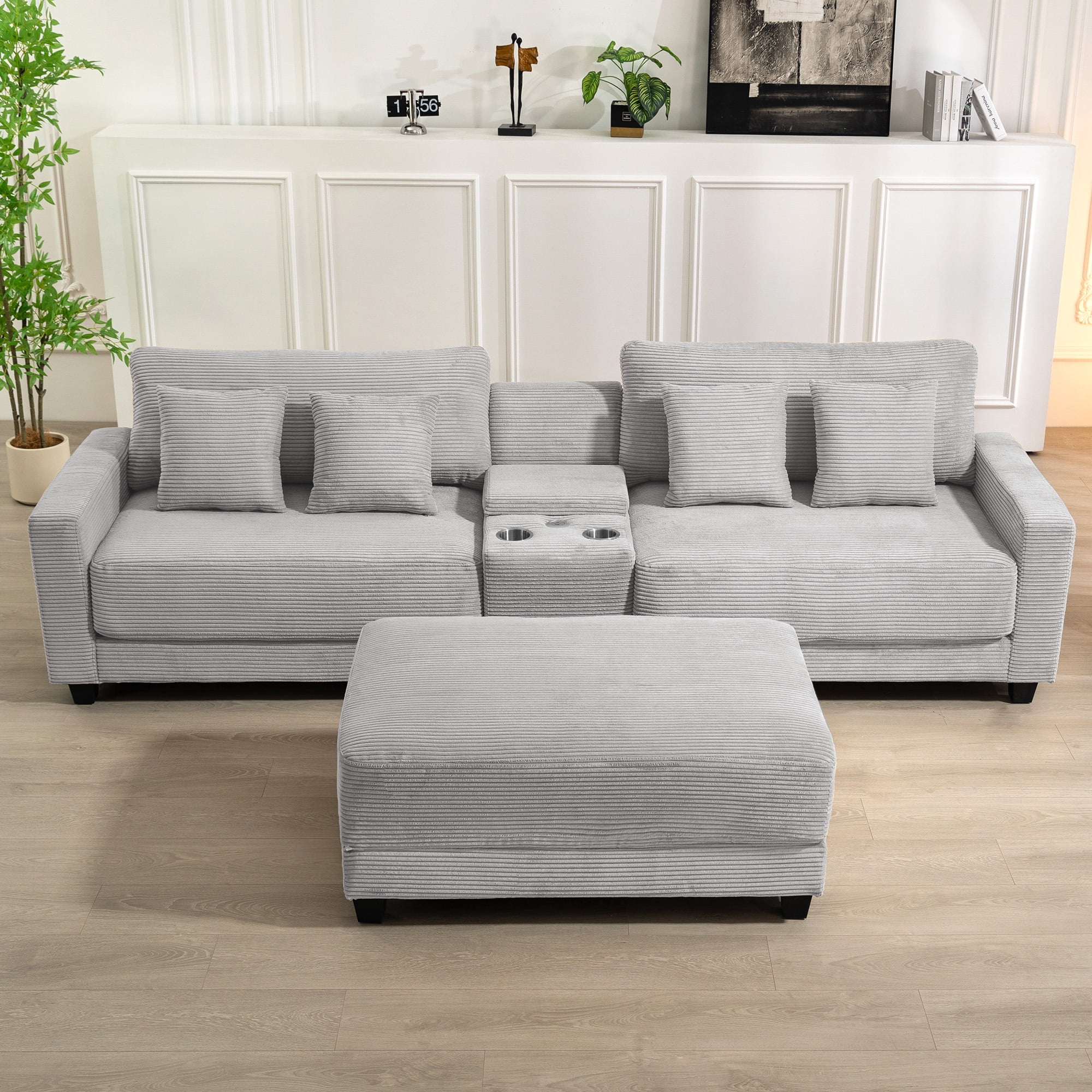 JUSTLET 111.8" Sectional Sofa with Ottoman, L-Shaped Modern Modular Couch, Oversized Corduroy 4 Seat Sofa with Storage Box, USB & TYPE C Port and Two Cup Holders for Living Room, Beige
