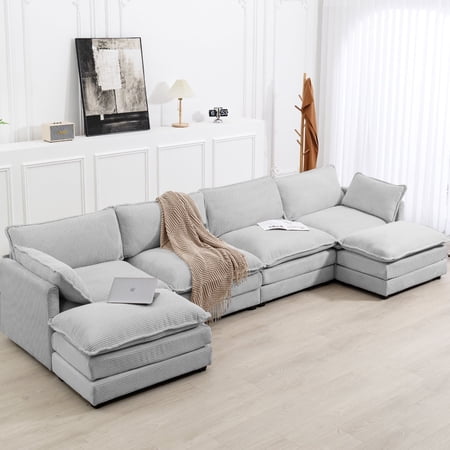 JUSTLET Modular Sectional Sofa, Convertible U Shaped Sofa Couch with Pillows, Modern Corduroy Sofa with Moveable Ottoman for Living Room Apartment Home, Foggy grey