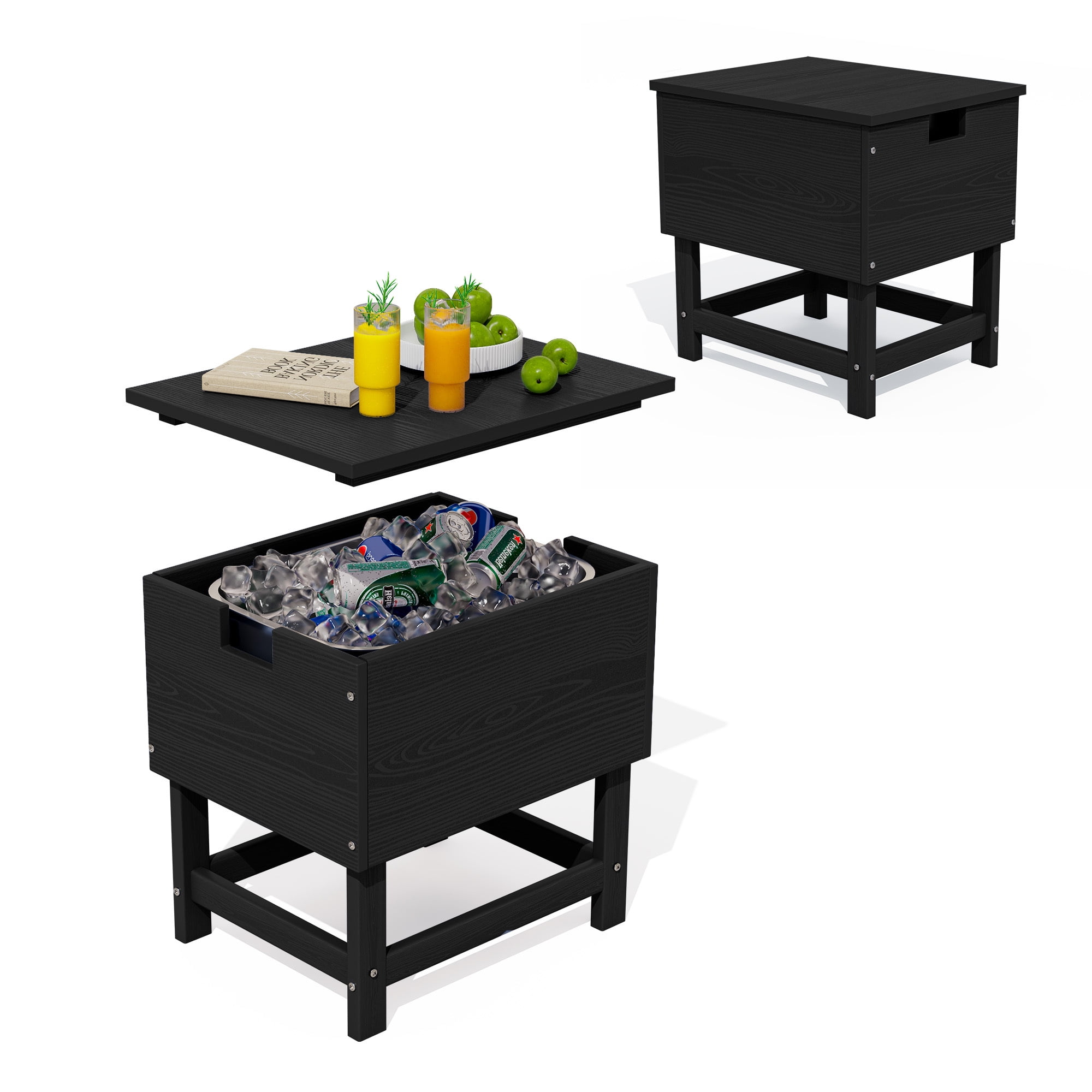 JUSTLET Outdoor Cooler Table with 2 Gallon Ice Bucket,Detchable Top Lid, Patio Bar Table for Poolside, Party, Camping, Picnic, Black