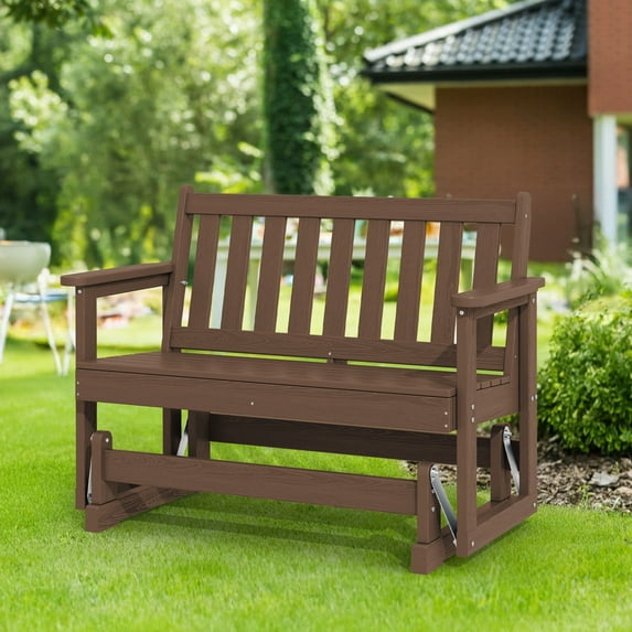 LOYALICE Outdoor Glider Rocking Chair,2 Person Bench Swings for Outside,HDPE All-Weather Resistant 2-Person Loveseat, Patio Glider with 660LBS Capacity for Backyard Garden Porch, Brownwood