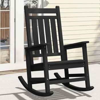 JUSTLET Outdoor Slat Rocking Chair, HDPE Plastic Porch Rocker, Black