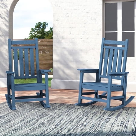 JUSTLET 2 Pieces Outdoor Rocking Chair for porch, HDPE Plastic Porch Rocker, Blue