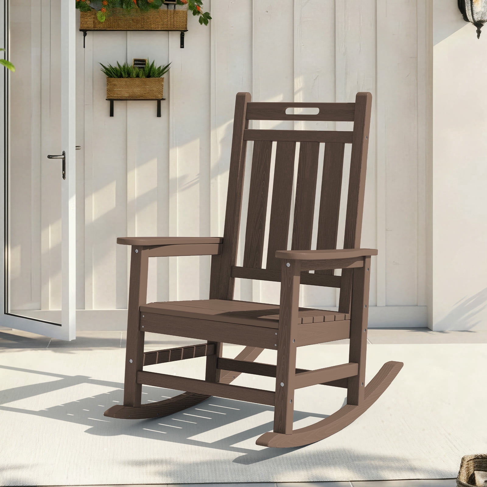 LOYALICE HDPE Outdoor Rocking Chair for Porch Patio, All-Weather High Back Rocker with Wood-Grain Texture, Heavy-Duty Deck Garden Seating, Fade-Resistant & Easy to Clean,Brown