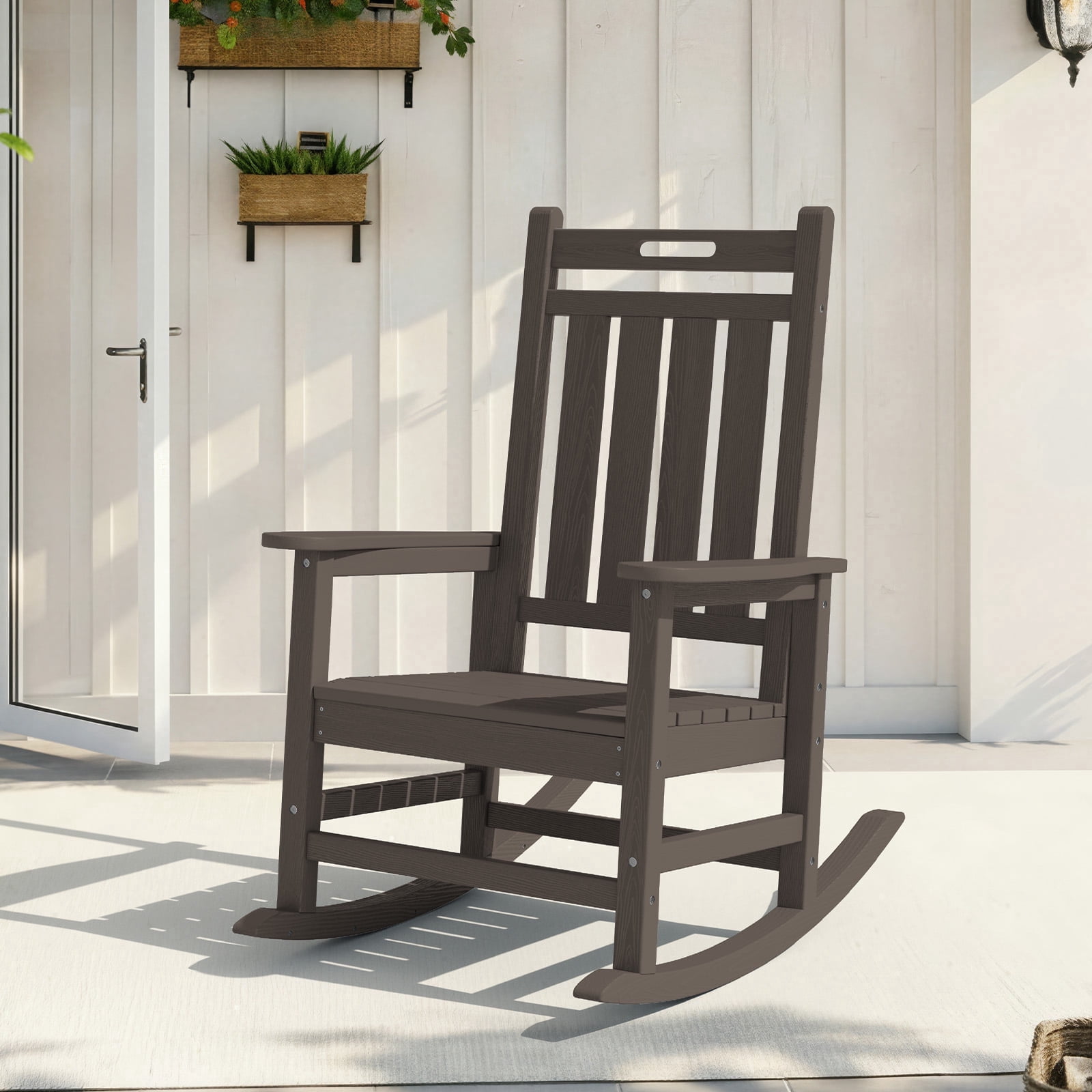 LOYALICE HDPE Outdoor Rocking Chair for Porch Patio, All-Weather High Back Rocker with Wood-Grain Texture, Heavy-Duty Deck Garden Seating, Fade-Resistant & Easy to Clean,Coffee