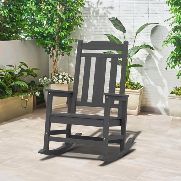 LOYALICE HDPE Outdoor Rocking Chair for Porch Patio, All-Weather High Back Rocker with Wood-Grain Texture, Heavy-Duty Deck Garden Seating, Fade-Resistant & Easy to Clean,Gray