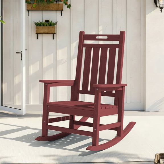 LOYALICE HDPE Outdoor Rocking Chair for Porch Patio, All-Weather High Back Rocker with Wood-Grain Texture, Heavy-Duty Deck Garden Seating, Fade-Resistant & Easy to Clean,Dark Red