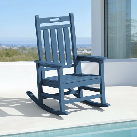 LOYALICE HDPE Outdoor Rocking Chair for Porch Patio, All-Weather High Back Rocker with Wood-Grain Texture, Heavy-Duty Deck Garden Seating, Fade-Resistant & Easy to Clean,Navy Blue