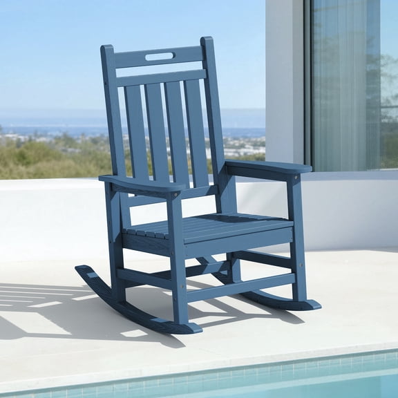 LOYALICE HDPE Outdoor Rocking Chair for Porch Patio, All-Weather High Back Rocker with Wood-Grain Texture, Heavy-Duty Deck Garden Seating, Fade-Resistant & Easy to Clean,Navy Blue