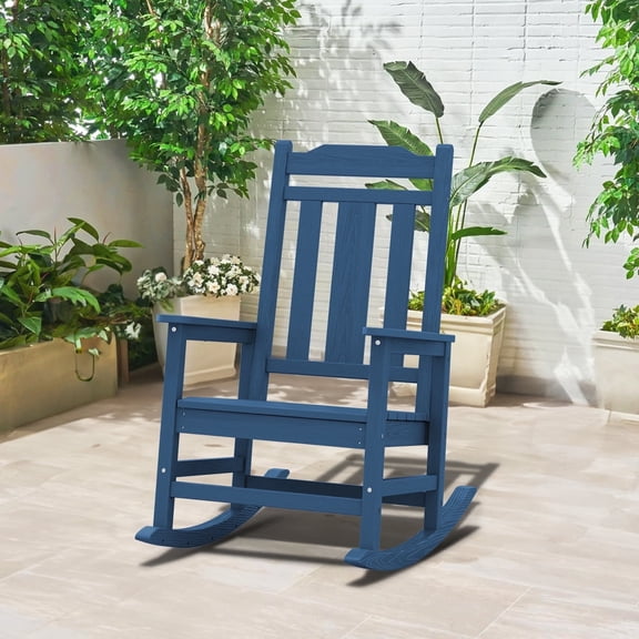 LOYALICE Outdoor High Back Porch Rocking Chair,HDPE Oversized Adirondack Slat Rocker Chairs for Patio,Garden,Lawn,Balcony,Navy Blue