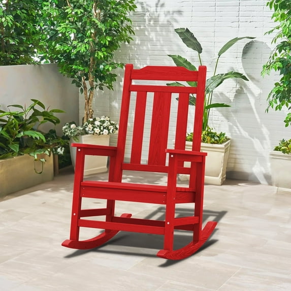LOYALICE Outdoor High Back Porch Rocking Chair,HDPE Oversized Adirondack Slat Rocker Chairs for Patio,Garden,Lawn,Balcony,Red