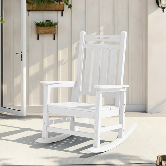 LOYALICE HDPE Outdoor Rocking Chair for Porch Patio, All-Weather High Back Rocker with Wood-Grain Texture, Heavy-Duty Deck Garden Seating, Fade-Resistant & Easy to Clean,White