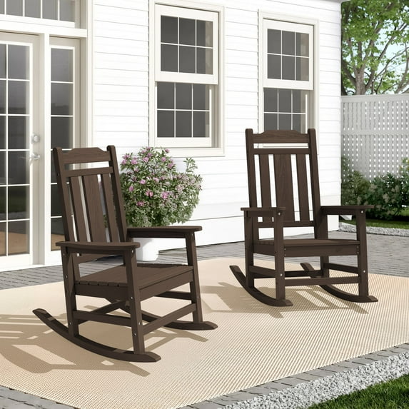 LOYALICE Outdoor High Back Porch Rocking Chair Set of 2,HDPE Oversized Adirondack Slat Rocker Chairs for Patio,Garden,Lawn,Balcony,Coffee