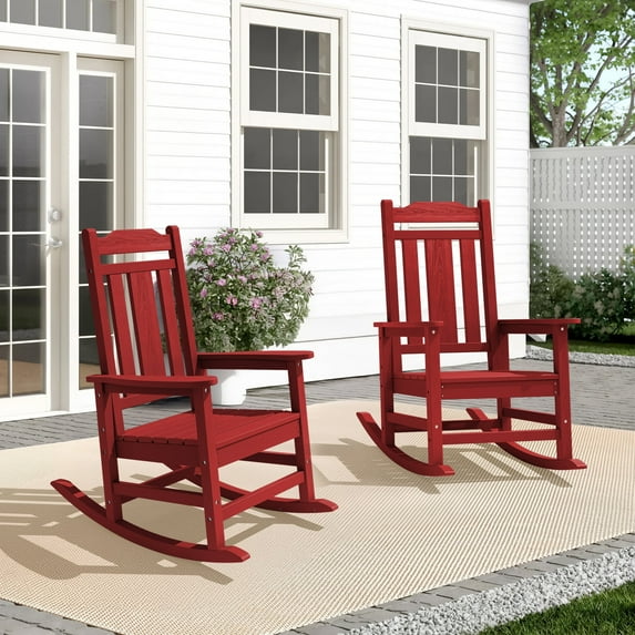 LOYALICE Outdoor High Back Porch Rocking Chair Set of 2,HDPE Oversized Adirondack Slat Rocker Chairs for Patio,Garden,Lawn,Balcony,Dark Red
