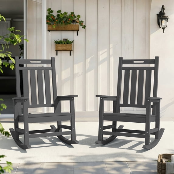 LOYALICE 2PC HDPE Outdoor Rocking Chair for Porch Patio, All-Weather High Back Rocker with Wood-Grain Texture, Heavy-Duty Deck Garden Seating, Fade-Resistant & Easy to Clean,Gray