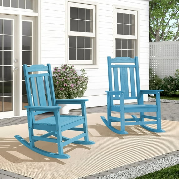 LOYALICE Outdoor High Back Porch Rocking Chair Set of 2,HDPE Oversized Adirondack Slat Rocker Chairs for Patio,Garden,Lawn,Balcony,Light Blue