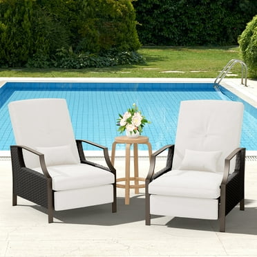 JUSTLET Outdoor Indoor Recliner Chair 2 Pieces, Adjustable PE Wicker Patio Reclining Lounge Chair with Comfy Cushions, Footrest Armrests, Lawn Furniture for Backyard, Beige