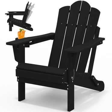 JUSTLET Three-position Adjustable Backrest Folding Adirondack Chair W/ Cup Holder, HDPE Weather Resistant Outdoor Patio Chair, Black(1PC)