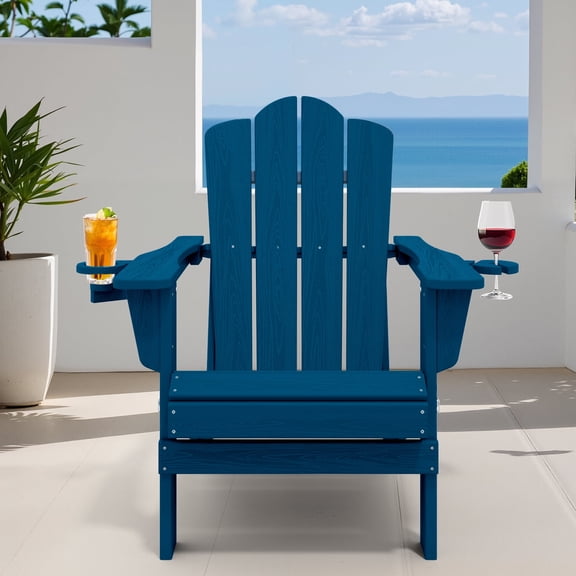 LOYALICE Outdoor Patio Folding HDPE Resin Adirondack Chair with Double Cup Holder, Dark Blue