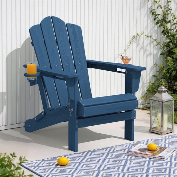 LOYALICE Folding Adirondack Chair with Dual Cup Holders, All-Weather HDPE Outdoor Patio Chair for Backyard, Poolside, Garden, Fire Pit, Navy
