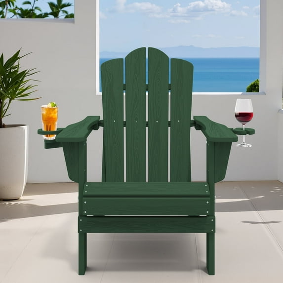 LOYALICE Outdoor Patio Folding HDPE Resin Adirondack Chair with Double Cup Holder, Green