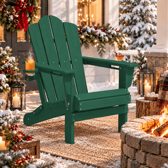 LOYALICE Folding Adirondack Chair with Dual Cup Holders, All-Weather HDPE Outdoor Patio Chair for Backyard, Poolside, Garden, Fire Pit, Green