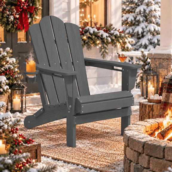 LOYALICE Folding Adirondack Chair with Dual Cup Holders, All-Weather HDPE Outdoor Patio Chair for Backyard, Poolside, Garden, Fire Pit, Gray