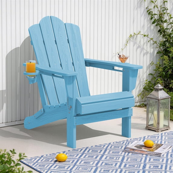 LOYALICE Outdoor Patio Folding HDPE Resin Adirondack Chair with Double Cup Holder, Light Blue