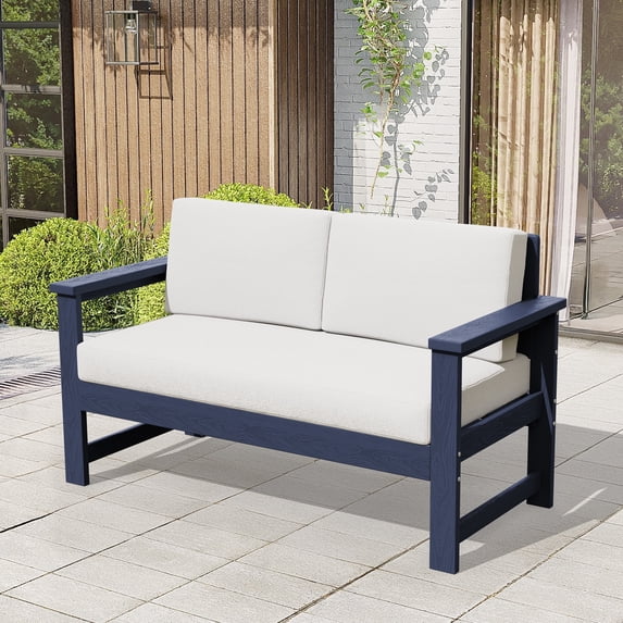 POTATO Outdoor Patio Furniture Set,HDPE Outdoor Loveseat, Weather Resistant 2-Seater Patio Sofa for Garden or Porch,Navy Blue Frame with Khaki Cushions