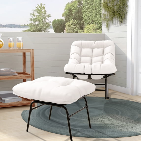 JUSTLET Outdoor Rocking Chair with Ottoman, Patio Rocker Egg Recliner Chair Indoor Comfy Reading Chair Set, Beige