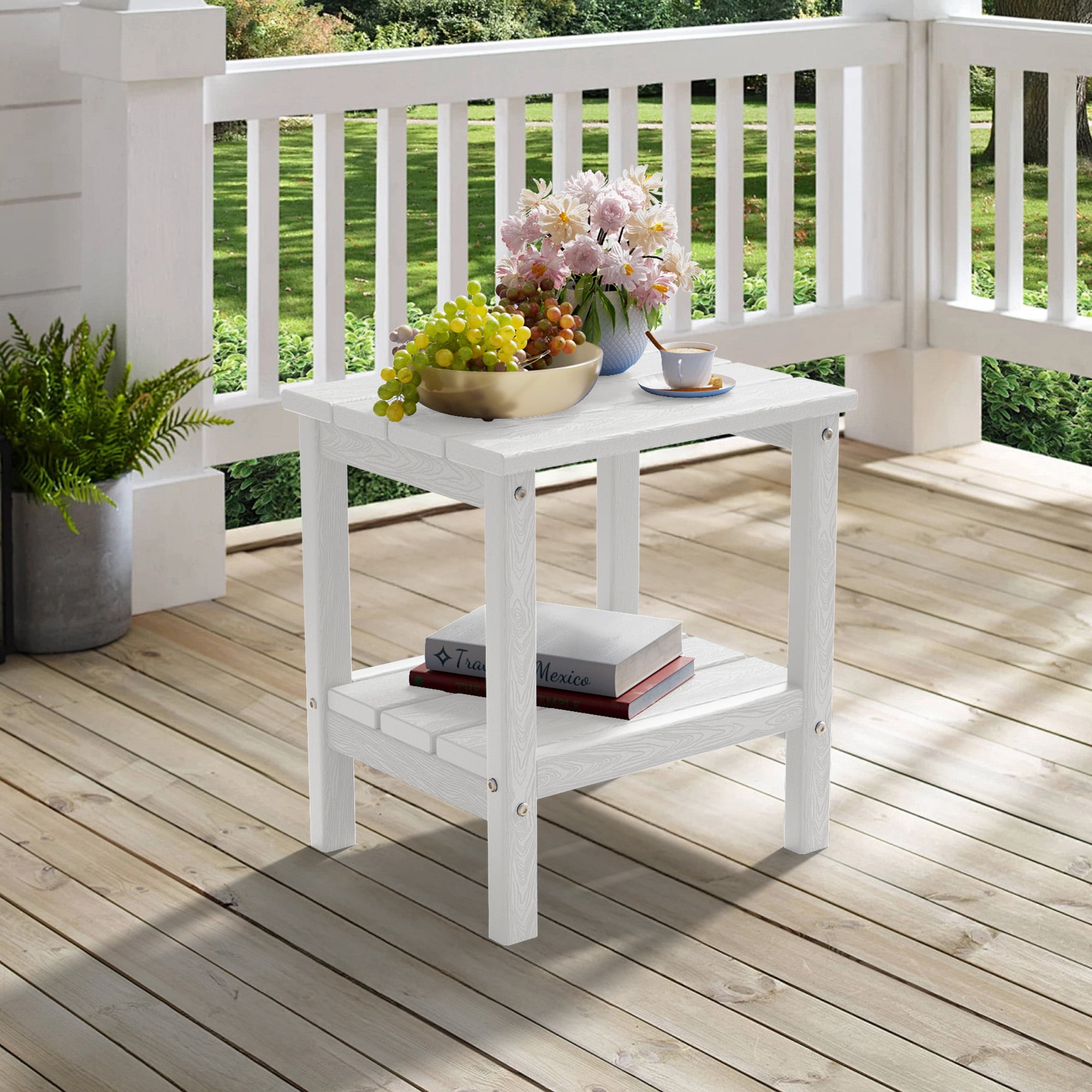 JUSTLET Outdoor Side Table HDPE 2 Layer Patio End Table for Living Room Bedroom 18 L x14.5 W x18 H White