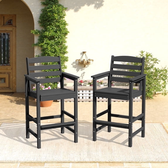 LOYALICE 2 Piece Outdoor Bar Chairs Set, HDPE Patio Bar Height Chairs with Armrests, Weather Resistant Outdoor Seating with Wood Grain Design for Patio, Balcony, Garden, Poolside, Gray
