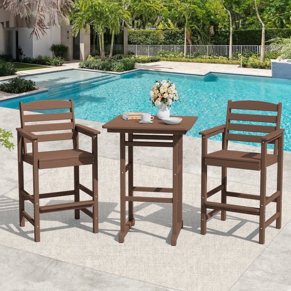 LOYALICE 3PC Wider-Size Outdoor Bar Stools, Oversize Tall Adirondack Chiar, Plastic Balcony Chair Set, Patio Furniture Set, Brown