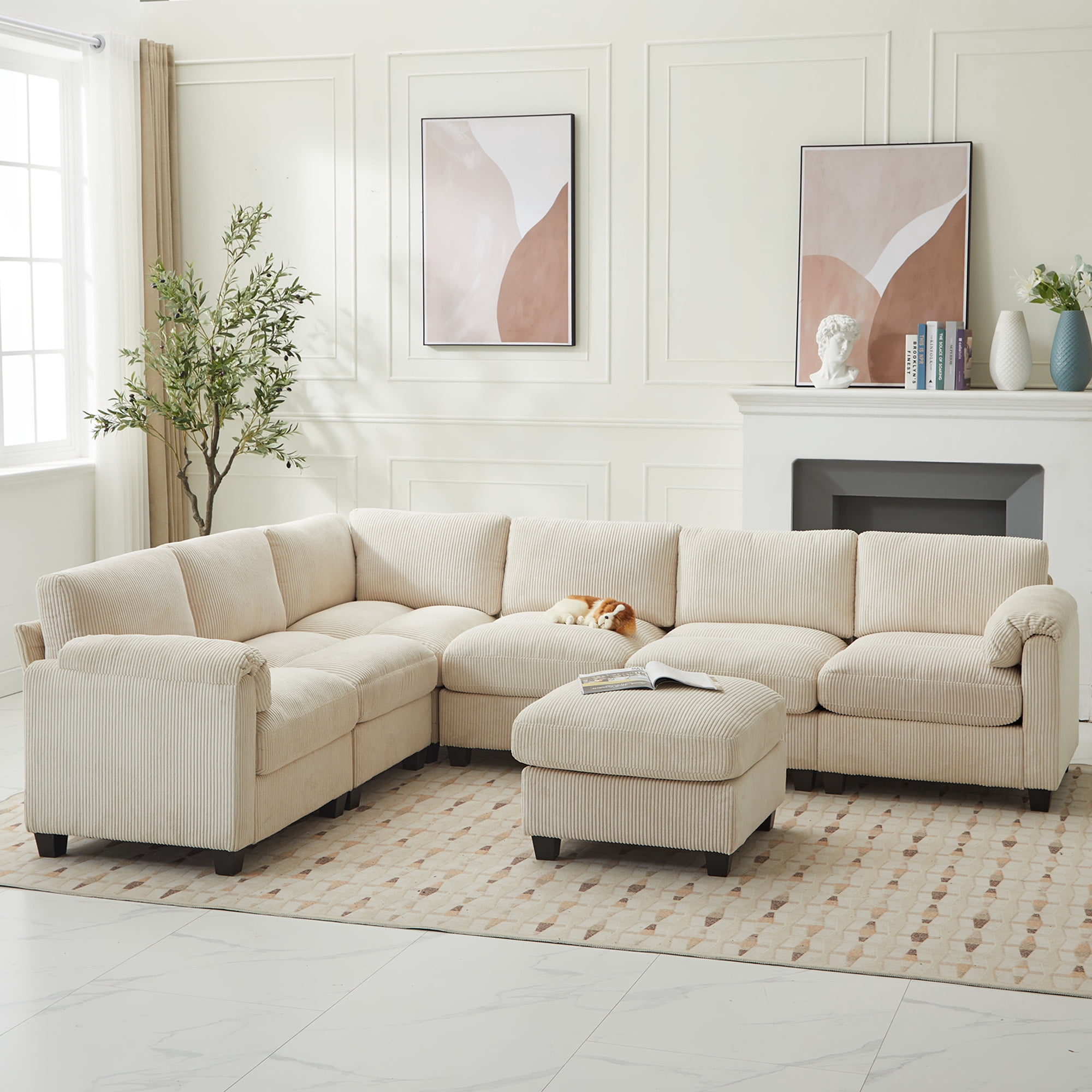 JUSTLET Oversized Modular Sectional Sofa, Oversized U Shaped Couch, Convertible Sleeper Sofa, 7 Seat Sofa with Chaise, Deep Seat Comfy Cloud Couch with Ottoman for Living Room, Corduroy, Beige