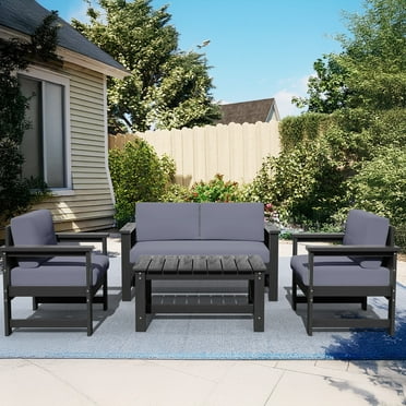 JUSTLET Patio Furniture Set, 4-Piece Patio Conversation Set - 2 Outdoor Chairs & 1 Loveseat with Cushions, Coffee Table - Durable All-Weather Sectional Sofa for Poolside, Courtyard,Resorts,Gray