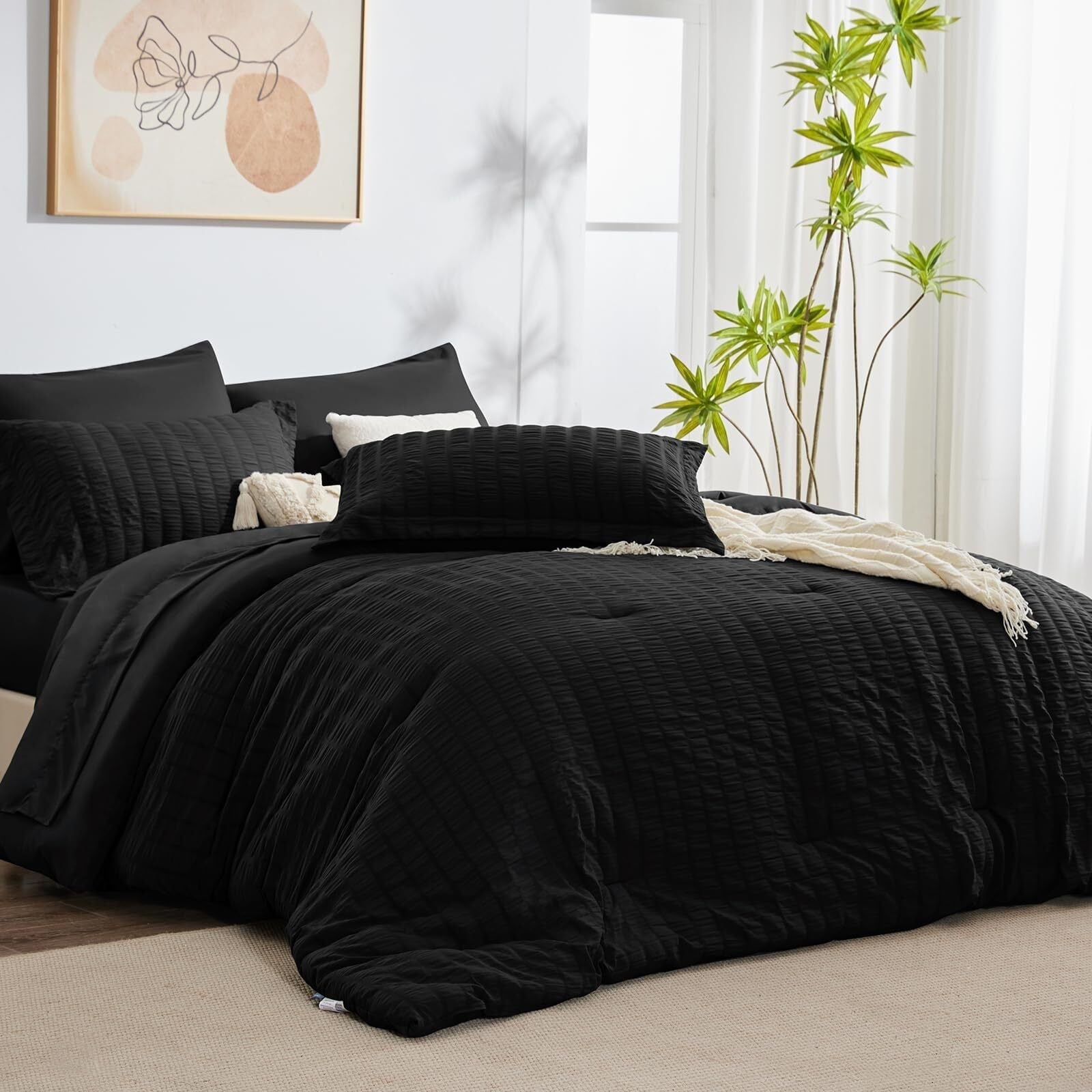 JUSTLET Queen Seersucker Comforter Set with Sheets Black Bed in a Bag 7-Pieces All Season Bedding Sets with Comforter, Pillow Sham, Flat Sheet, Fitted Sheet, Pillowcase