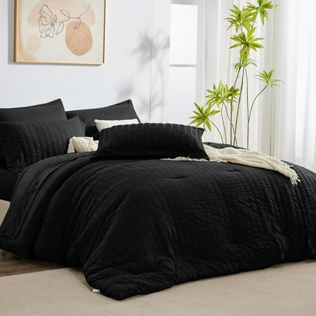 JUSTLET Queen Seersucker Comforter Set with Sheets Black Bed in a Bag 7-Pieces All Season Bedding Sets with Comforter, Pillow Sham, Flat Sheet, Fitted Sheet, Pillowcase