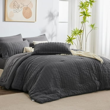 JUSTLET Queen Seersucker Comforter Set with Sheets Dark Grey Bed in a Bag 7-Pieces All Season Bedding Sets with Comforter, Pillow Sham, Flat Sheet, Fitted Sheet, Pillowcase
