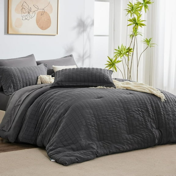 JUSTLET Queen Seersucker Comforter Set with Sheets Dark Grey Bed in a Bag 7-Pieces All Season Bedding Sets with Comforter, Pillow Sham, Flat Sheet, Fitted Sheet, Pillowcase