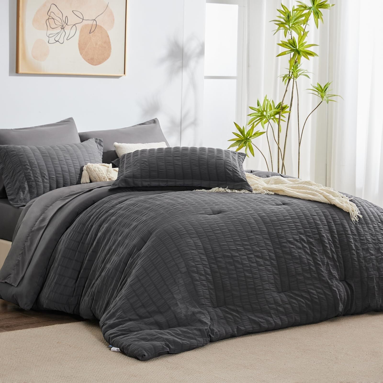 JUSTLET Queen Seersucker Comforter Set with Sheets Dark Grey Bed in a Bag 7-Pieces All Season Bedding Sets with Comforter, Pillow Sham, Flat Sheet, Fitted Sheet, Pillowcase